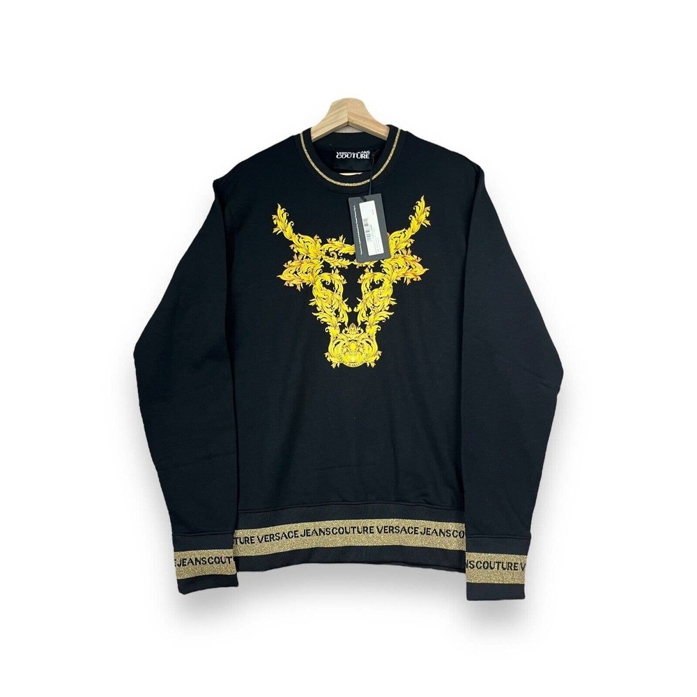Versace Jeans Couture Designer Black Gold Brogue Glitter Pullover Sweater Sz XS